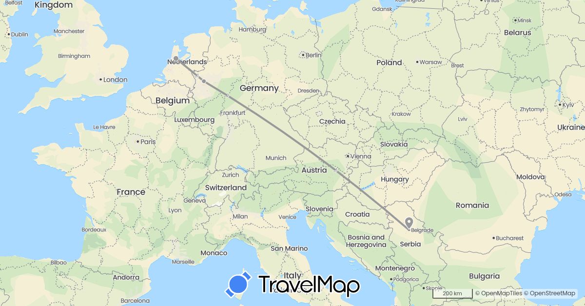 TravelMap itinerary: driving, plane in Germany, Netherlands, Serbia (Europe)